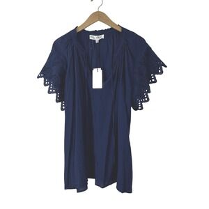 Chelsea Theodore Blouse Womens 2X Ruffle‎ Scalloped Eyelet Boho Flowy Navy Blue